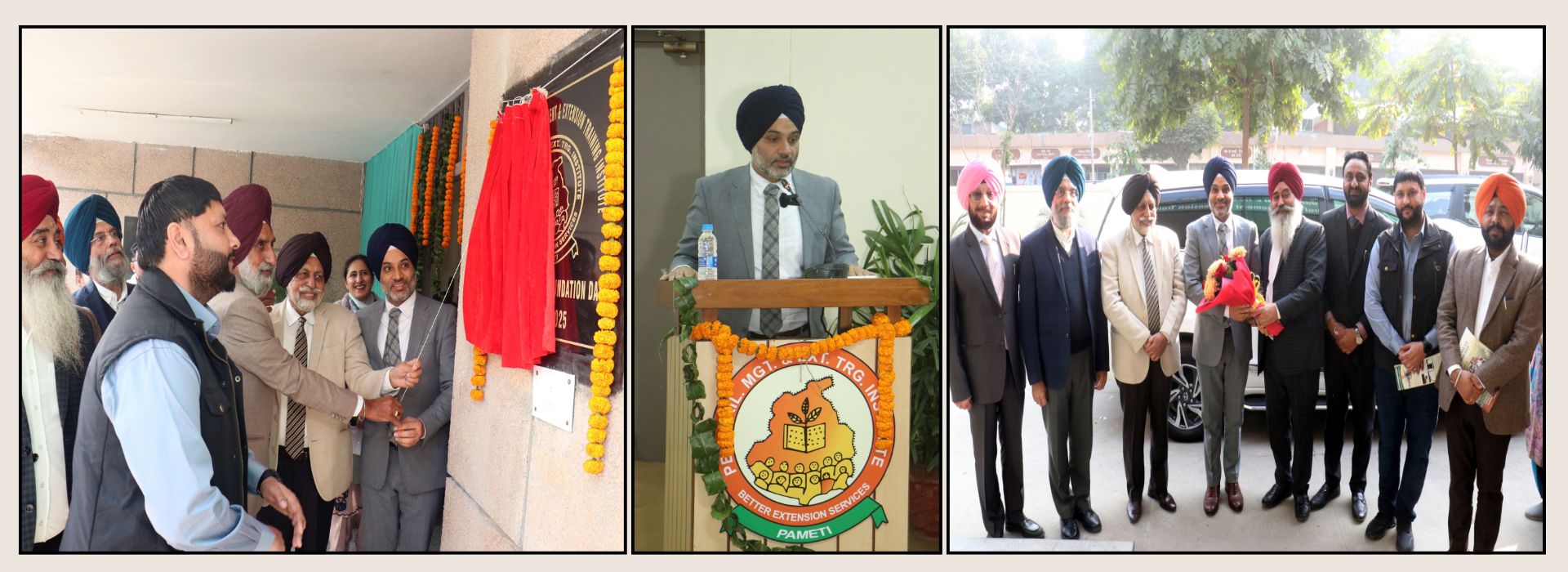 Sh. Arshdeep Singh Thind, IAS, the Hon'ble Administrative Secretary, Agriculture, Punjab; Dr S S Gosal, the Hon'ble Vice Chancellor, PAU; Dr Jaswant Singh, Director Agriculture, Punjab; Dr SPS Brar, Dr H S Dhaliwal, Dr MIS Gill, Former Directors, PAMETI; Dr K B Singh, Director PAMETI and faculty during the PAMETI's foundation day celebration on 5-12-25.