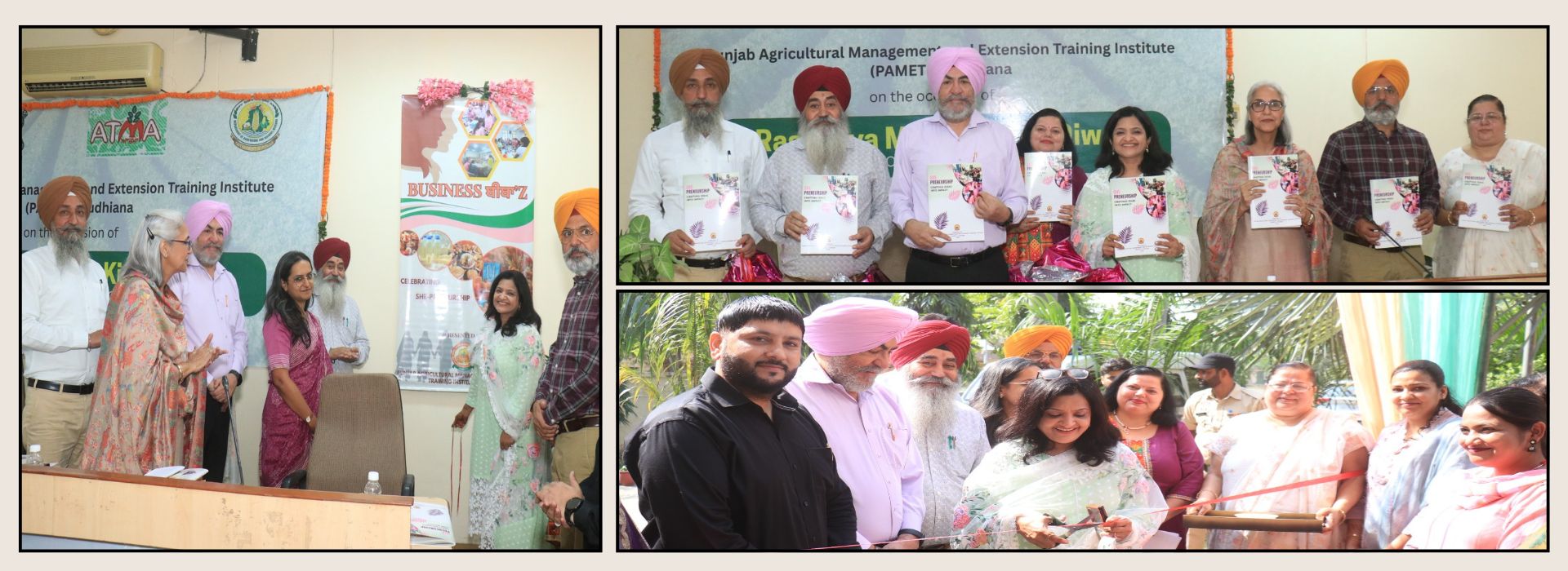 Smt. Rakhee Gupta Bhandari, IAS, Principal Secretary, Food Processing, Punjab; Dr J P S Gill, the honorable Vice Chancellor, GADVASU, Ludhiana; Dr Kiran Bains, Dean, College of Community Sc., PAU; Dr M S Bhullar, DEE, PAU; Dr R S Grewal, DEE, GADVASU; Ms. Srishti Gulati, Joint Advisor, Punjab Development Commission, Dr K B Singh, Director PAMETI while launching the "BUSINESS BIBAZ' " Concept for women entrepreneurs at PAMETI on the occasion of "Rashtriya Mahila Kisan Diwas" on 15th October, 2025.