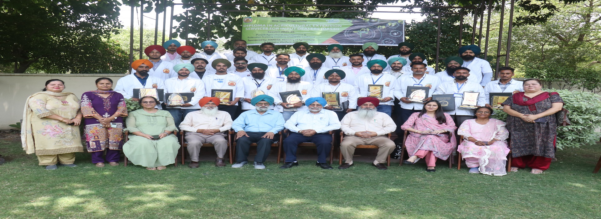 Dr S S Gosal, The Hon'ble Vice Chancellor, PAU; Dr M S Mahal, Former Director PAMETI; Dr K B Singh, Director PAMETI along with faculty, DAESI facilitators and candidates during the Valedictory of DAESI batches at PAMETI on 10-06-2026.